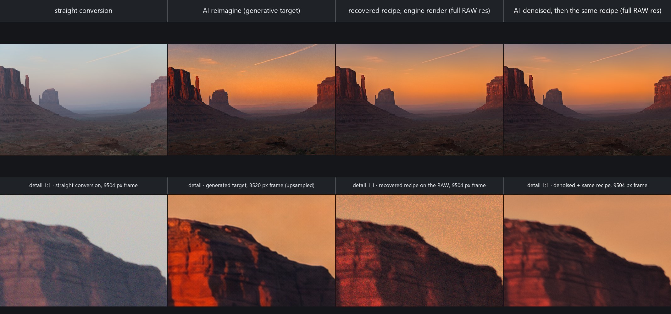 Desert canyon at dusk: straight conversion, generated target, the recovered recipe rendered on the RAW, and the same recipe on the AI-denoised RAW, with a 1:1 detail row