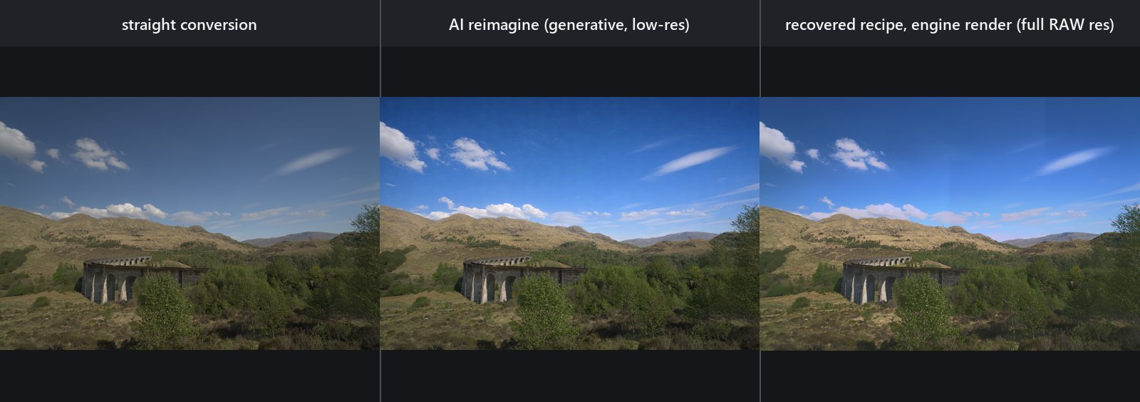 Stone viaduct scene: neutral conversion, AI-generated target, and reverse-fitted full-resolution engine render
